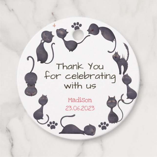 Étiquettes Cadeau Anniversaire de enfant de chat noir merci (Devant)