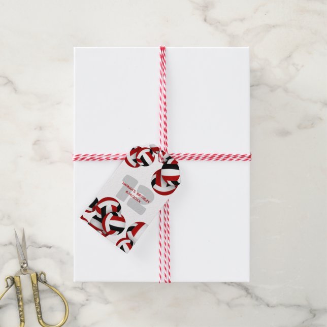 Étiquettes-cadeau anniversaire de enfant de volley-ball noir rouge (Avec de la ficelle)