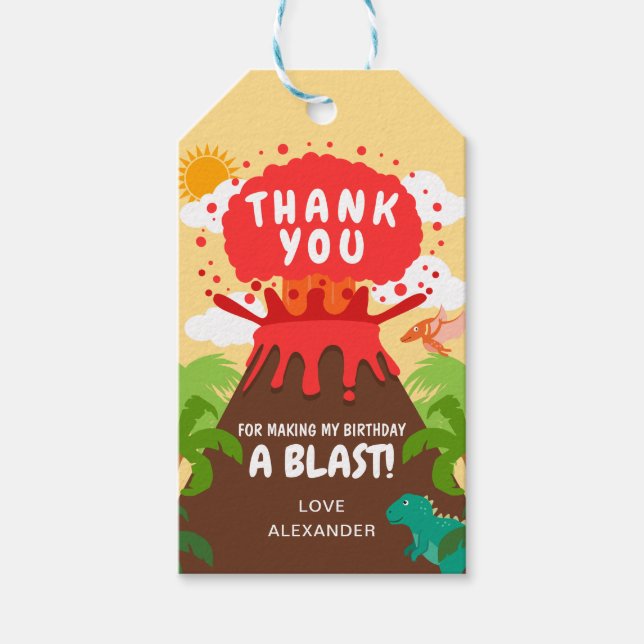 Étiquettes-cadeau Anniversaire de enfant du volcan Dinosaur (Devant)