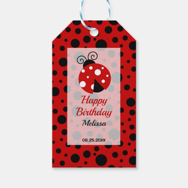 Étiquettes-cadeau Anniversaire de enfant Pois Ladybug Red Black Fram (Devant)