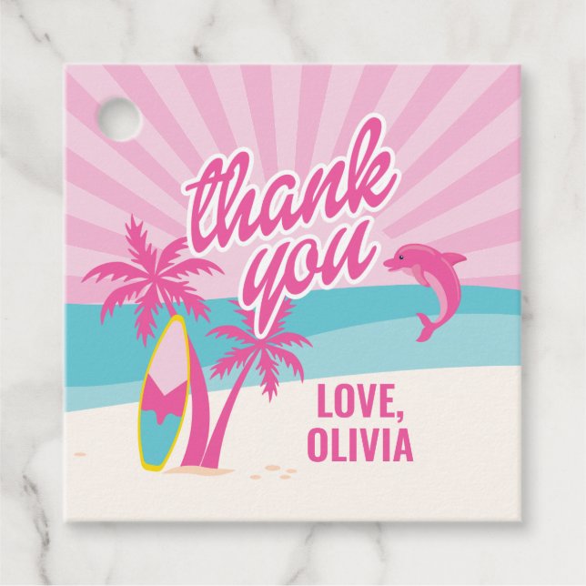 Étiquettes Cadeau Anniversaire de la plage de Pink Malibu (Devant)