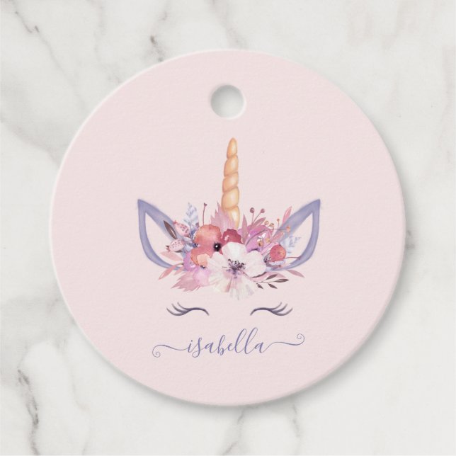 Étiquettes Cadeau Anniversaire de l'aquarelle florale de licorne (Devant)