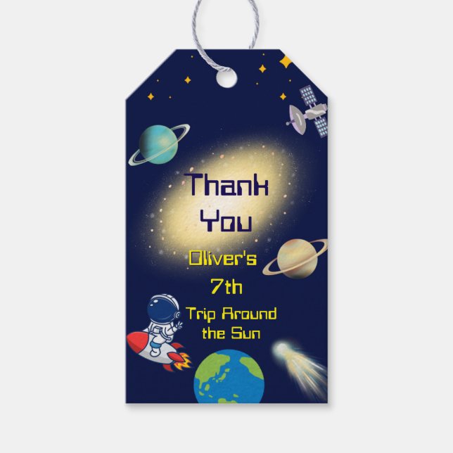 Étiquettes-cadeau Anniversaire de l'Espace – Astronaute, Fusée, Gala (Devant)