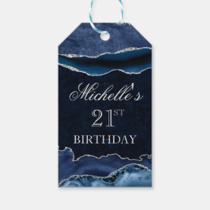 Étiquettes-cadeau Anniversaire de marbre d'agate pailleté bleu et ar