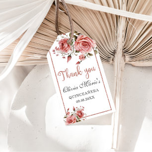 Étiquettes-cadeau Anniversaire de Quinceanera à fleurs roses blanche