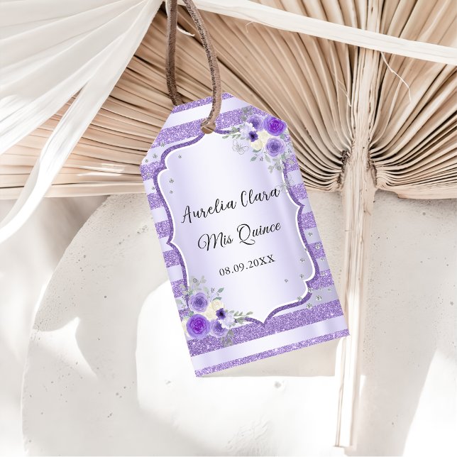Étiquettes-cadeau Anniversaire de Quinceanera de fleurs violettes (Créateur téléchargé)