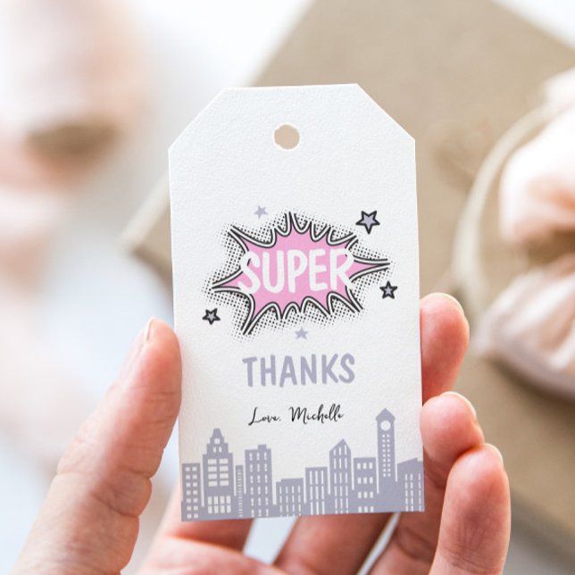 Étiquettes-cadeau Anniversaire de super-héros de bande dessinée rose (Créateur téléchargé)