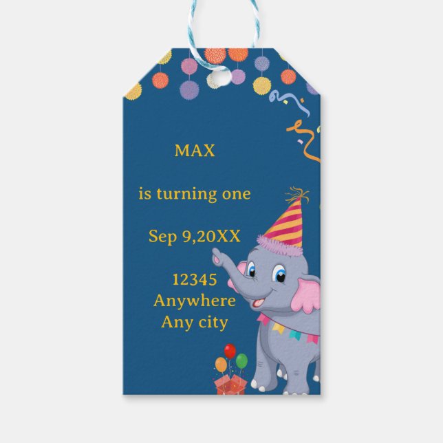 Étiquettes-cadeau Anniversaire d'Éléphant Mignon (Devant)