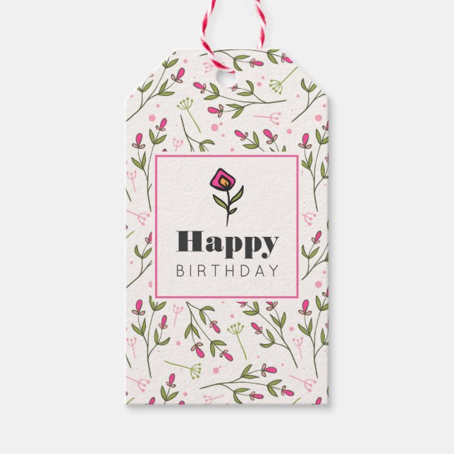 Étiquettes-cadeau Anniversaire des Fleurs sauvages roses et verts (Devant)