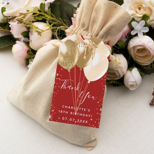 Étiquettes-cadeau Anniversaire fête rouge or ballons merci (Créateur téléchargé)