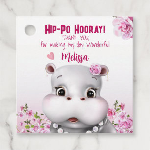 Étiquettes Cadeau Anniversaire Fille Hippopotame Rose Floral