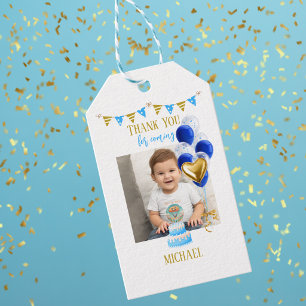 Étiquettes-cadeau Anniversaire Garçon 1 an Photo Ballon Bleu Or Mign