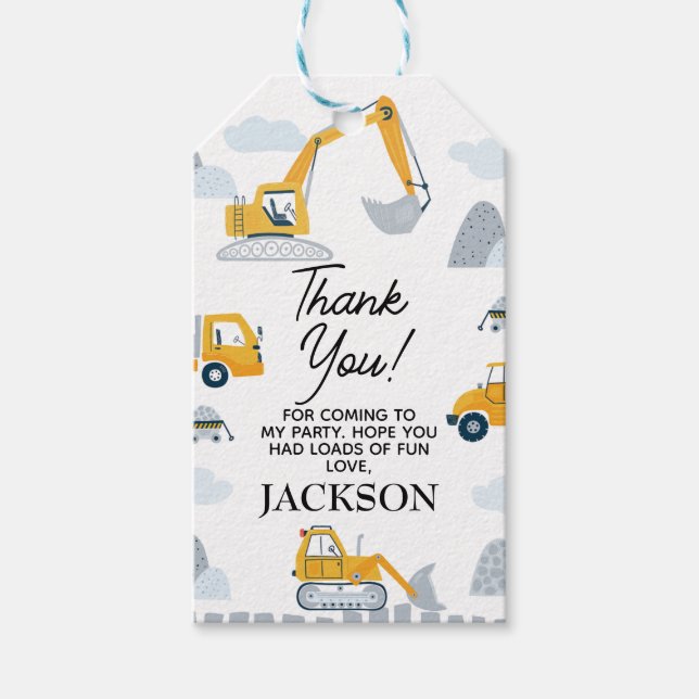 Étiquettes-cadeau Anniversaire Moderne Gris Jaune En Construction (Devant)