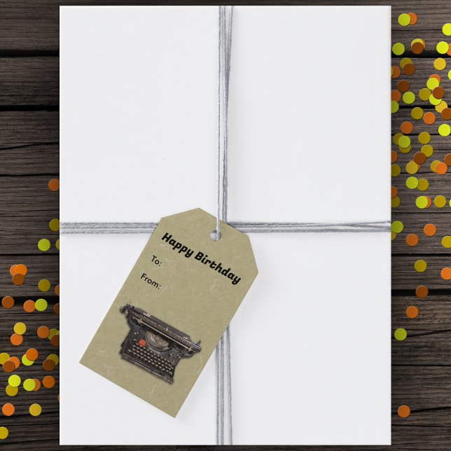 Étiquettes-cadeau Anniversaire pour rédacteur manuel Typewriter Vint (Old time black manual typewriter on marbled tan hanging Birthday gift tag.)