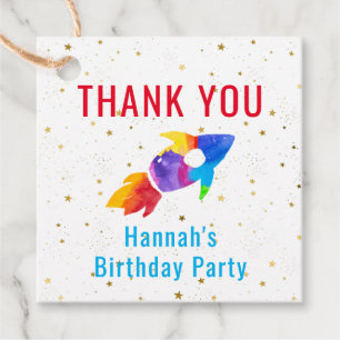 Étiquettes Cadeau Anniversaire Rainbow Watercolor Rocket Espace extr