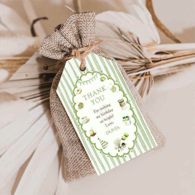 Étiquettes Cadeau Anniversaire Rayures Matcha Vert (Créateur téléchargé)