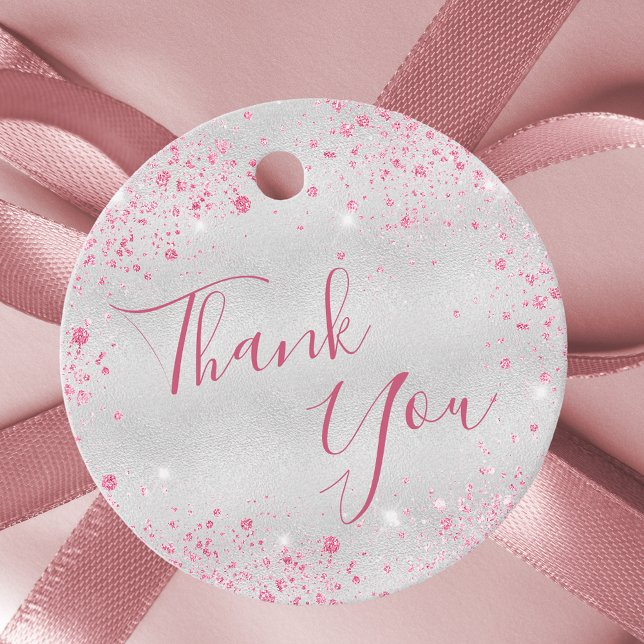 Étiquettes Cadeau Anniversaire rose argent brillant merci (Créateur téléchargé)
