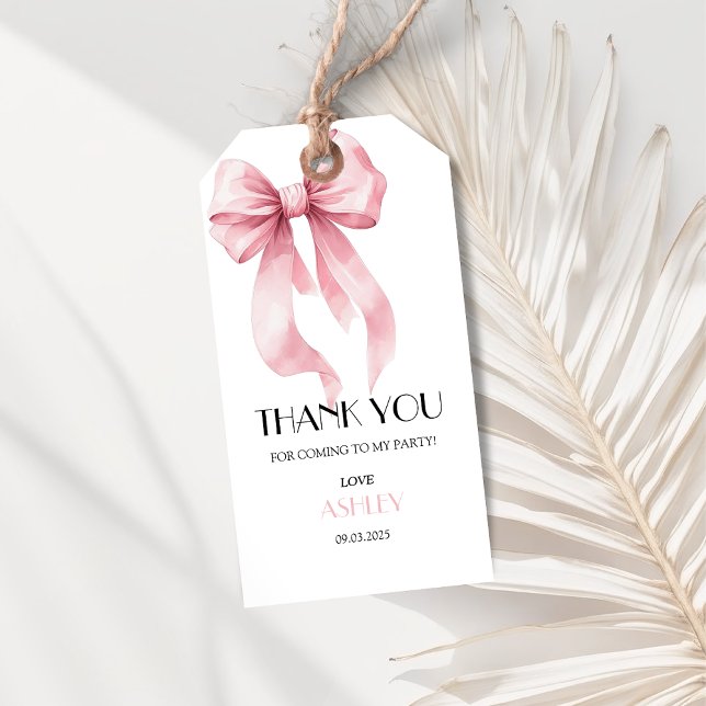 Étiquettes-cadeau Anniversaire Ruban Rose  (Pink bow thank you gift tag.)