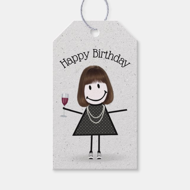 Étiquettes-cadeau Anniversaire Stick Girl avec vin et Basket (Devant)