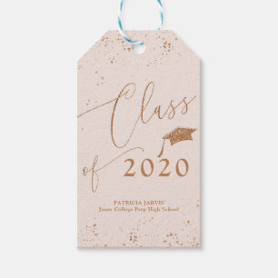 Étiquettes-cadeau Annonce de diplômé en écriture chic rose or paille