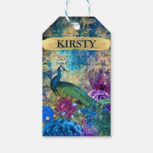 Étiquettes-cadeau Antique Illustrated Peacock & Flowers Grunge