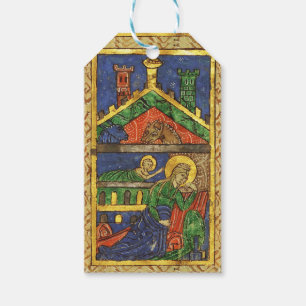 Étiquettes-cadeau ANTIQUE NATIVITÉ NOËL PARCHEMIN, Bleu Gemme