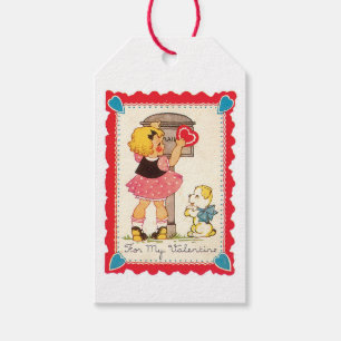 Étiquettes-cadeau Antique Valentine fille avec chiot