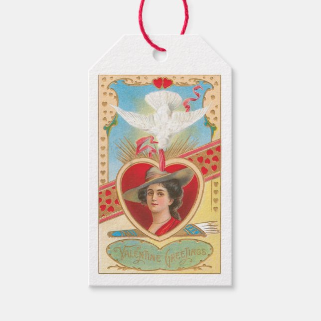 Étiquettes-cadeau Antique Valentine Pigeon Heart Lady (Devant)