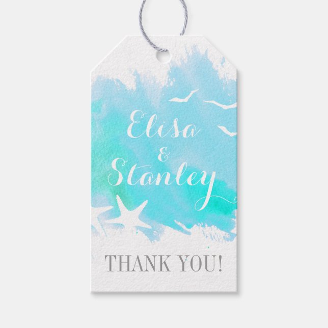Étiquettes-cadeau Aqua aquarelle, Merci de mariage de plage d'étoile (Devant)