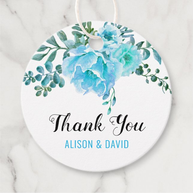 Étiquettes Cadeau Aqua bleu aquarelle fleurs mariage Merci (Devant)
