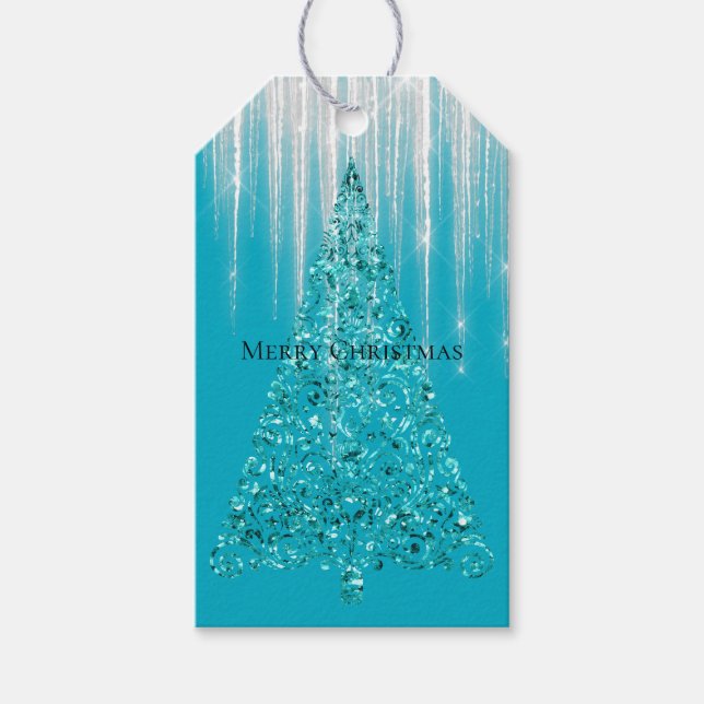 Étiquettes-cadeau Aqua Blue Icicles Sparkle Christmas Tree (Devant)