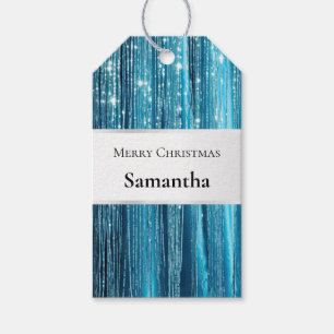 Étiquettes-cadeau Aqua Blue White Glam Tinsel Stripes Tags cadeaux