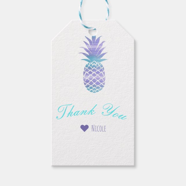 Étiquettes-cadeau Aqua Turquoise & Purple Ananas Tropical Chic Party (Devant)