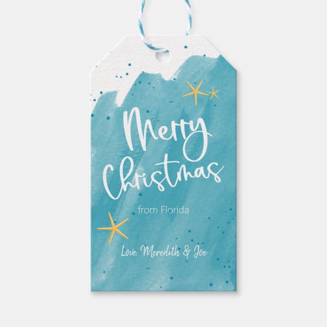 Étiquettes-cadeau Aqua Turquoise Watercolor Beach Joyeux Noël à thèm (Devant)