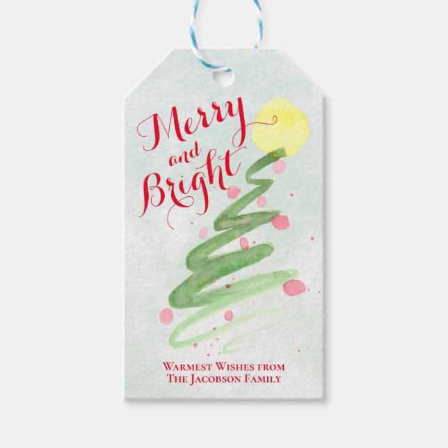 Étiquettes-cadeau Aquarelle Abstraite Arbre de Noël Joyeux et lumine (Devant)