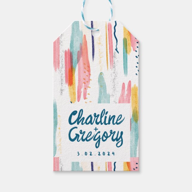 Étiquettes-cadeau Aquarelle Abstraite couleur brosse pointes Mariage (Devant)