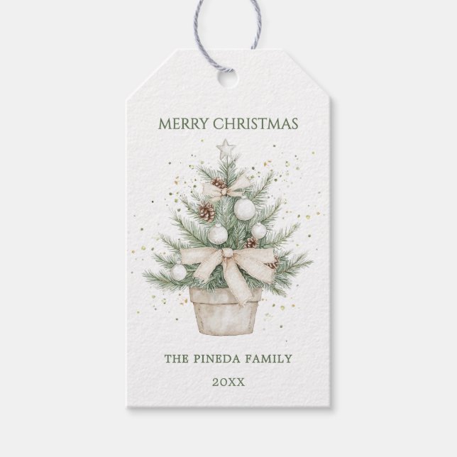 Étiquettes-cadeau Aquarelle Arbre de Noël à pots rustiques (Devant)