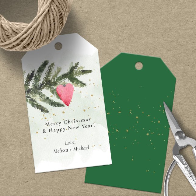Étiquettes-cadeau Aquarelle 🎄 Arbre de Noël & Ornement de Coeur Rou (Personalized Merry Christmas and Happy New Year Gift Tags with Watercolor Branch and Heart Ornament)