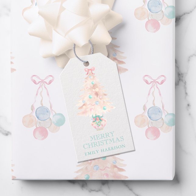 Étiquettes-cadeau Aquarelle Arbre de Noël rose Grille millénaire (Créateur téléchargé)