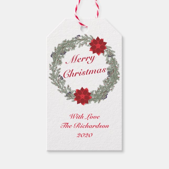 Étiquettes-cadeau Aquarelle Argent Rouge Serre de Noël Poinsettia (Devant)