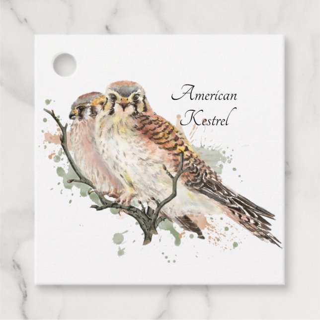Étiquettes Cadeau Aquarelle Art Birding Kestrel Couple (Devant)