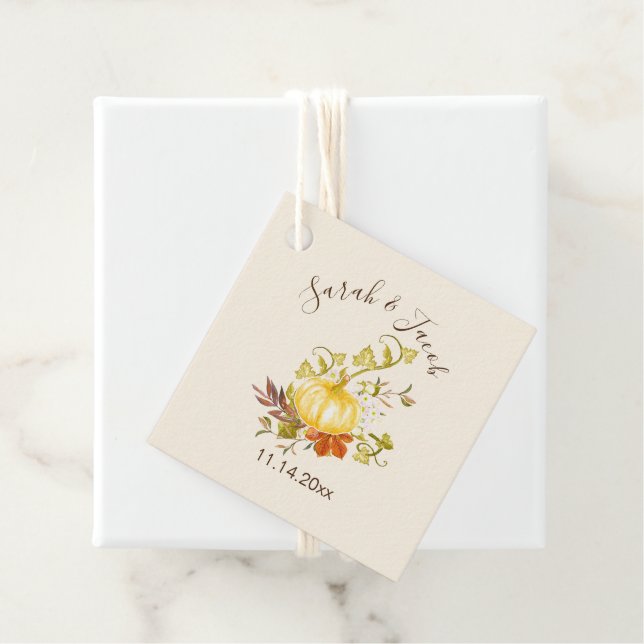 Étiquettes Cadeau Aquarelle Automne Citrouille et Mariage Feuille (En situation)