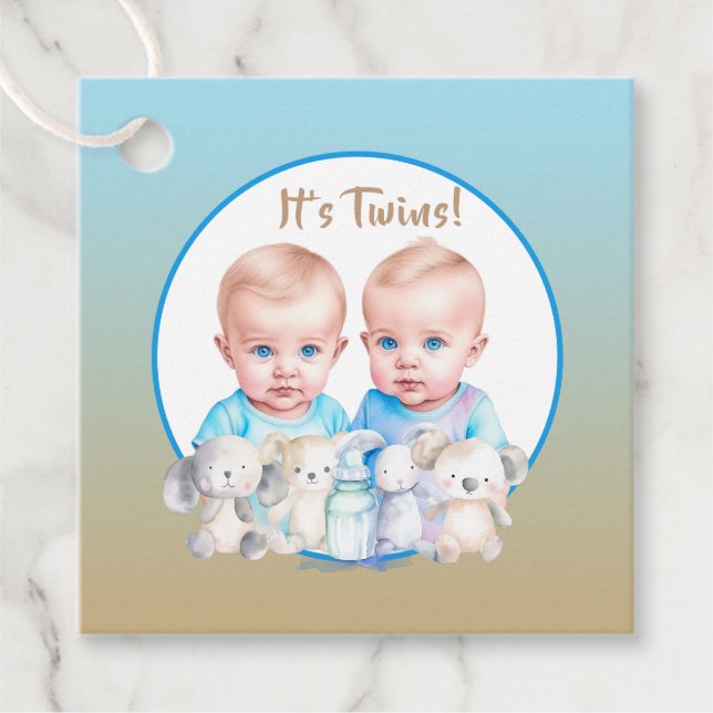 Étiquettes Cadeau Aquarelle Baby shower du garçon Twin Animaux (Devant)