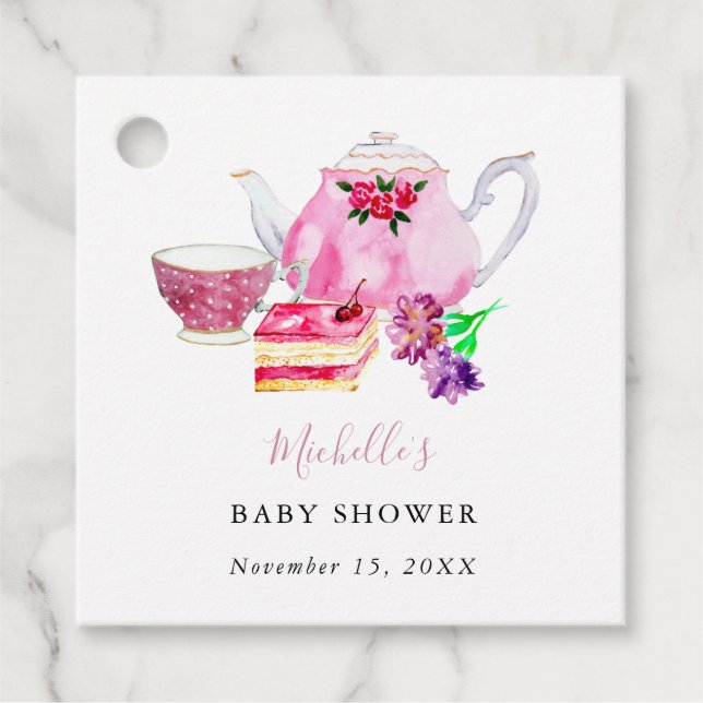 Étiquettes Cadeau Aquarelle Baby shower Tea Party Tea Party Pink (Devant)