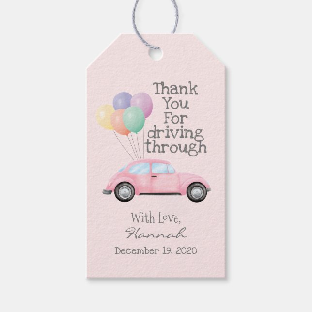 Étiquettes-cadeau Aquarelle Baby shower Voiture Rose Par Merci (Devant)