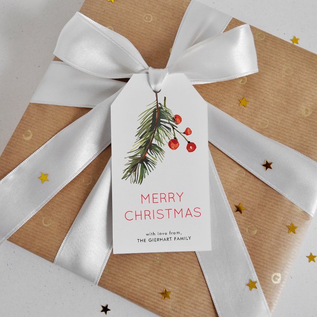 Étiquettes-cadeau Aquarelle Baies de pin vert et rouge Noël (Pine and Berries Christmas Holidays Gift Tag)