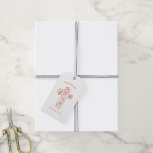 Étiquettes-cadeau Aquarelle Baptême Croix rose et jaune