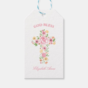 Étiquettes-cadeau Aquarelle Baptême Croix rose et jaune