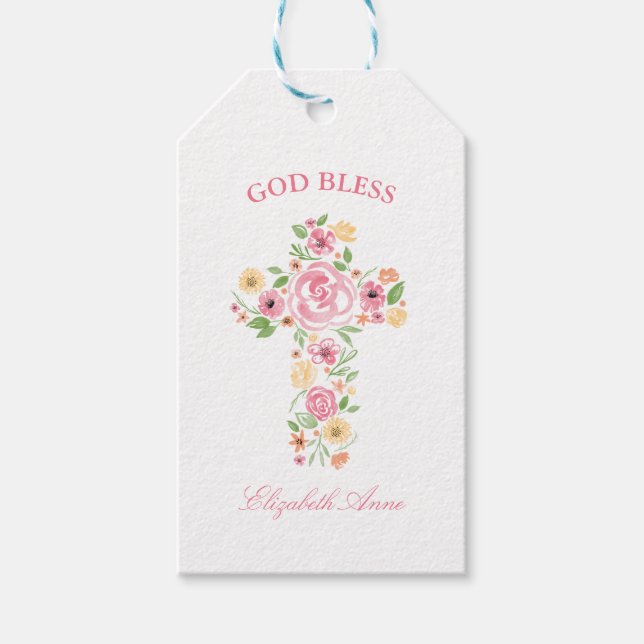Étiquettes-cadeau Aquarelle Baptême Croix rose et jaune (Devant)