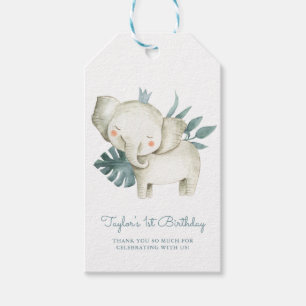 Étiquettes-cadeau Aquarelle Bébé Eléphant Prince Anniversaire Tro
